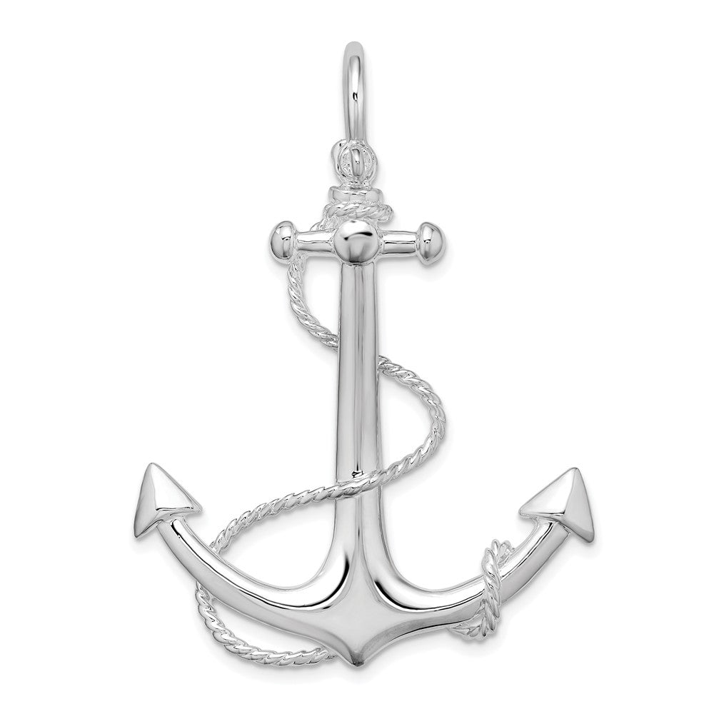 Sterling Silver Rhodium-plated Polished 3D Anchor w/Rope Pendant