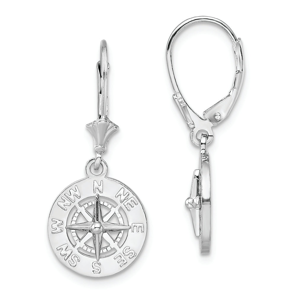 Sterling Silver Rhodium-plated Polished Mini Compass Leverback Earrings