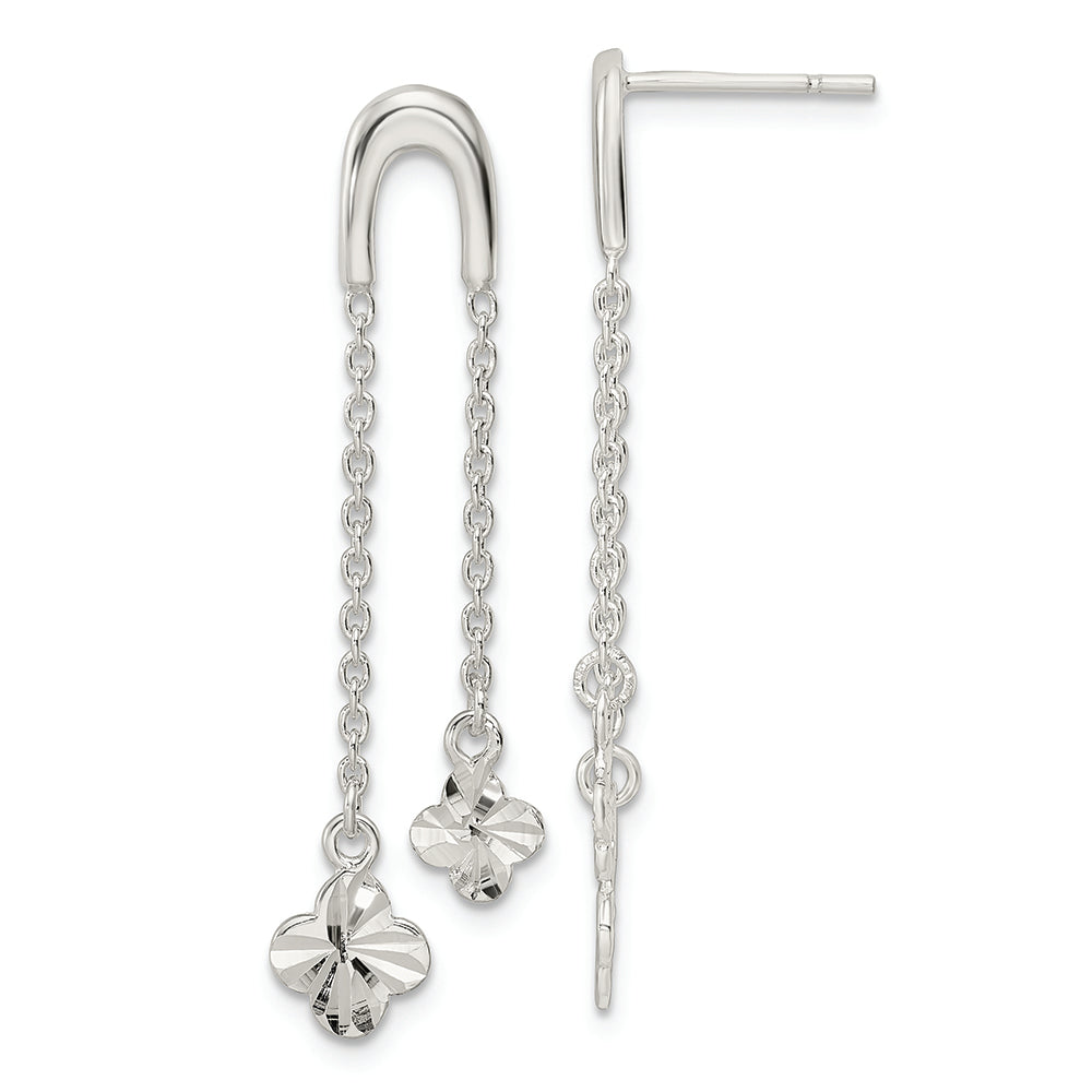 Sterling Silver Polished & D/C Clover Chain Dangle Post Earrings