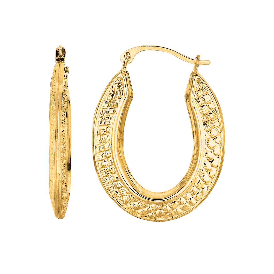 10K Gold Medium Oval Diamond Cut Hinged Hoop Earring