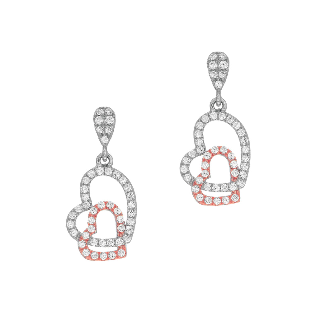 Silver Two-tone Interlocking CZ Heart Drop Earrings