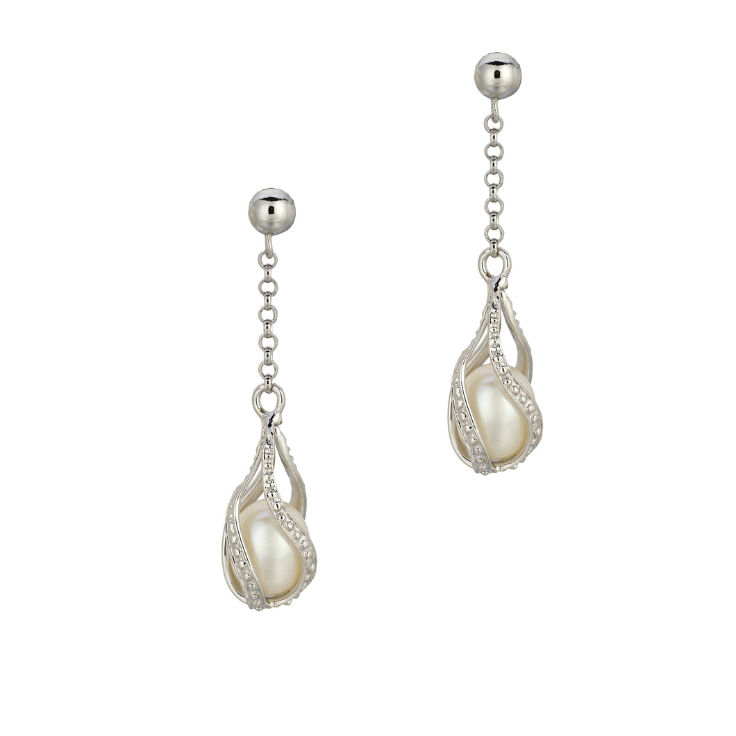 Silver Enclosed Freshwater Pearl and CZ Drop Earrings