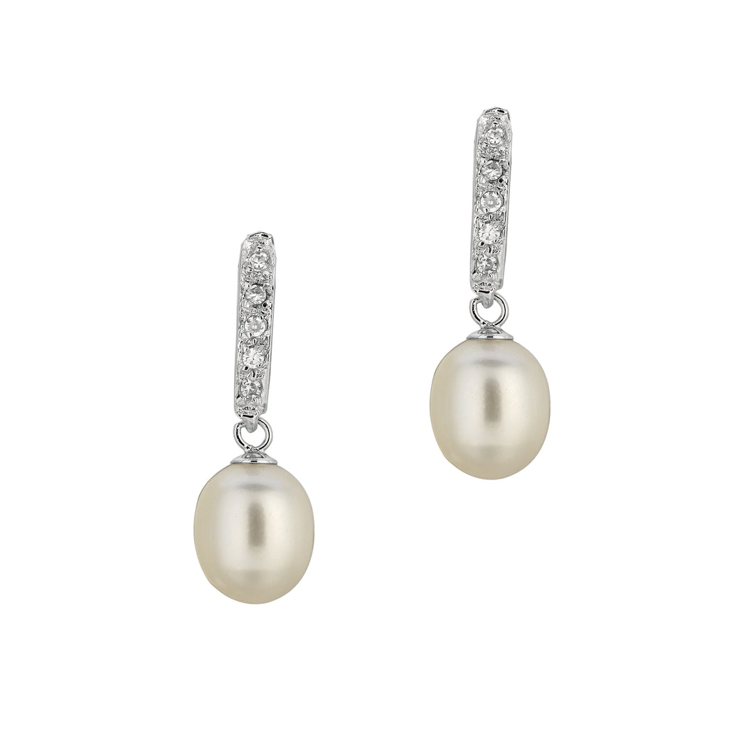 Silver Freshwater Pearl and CZ Drop Earrings