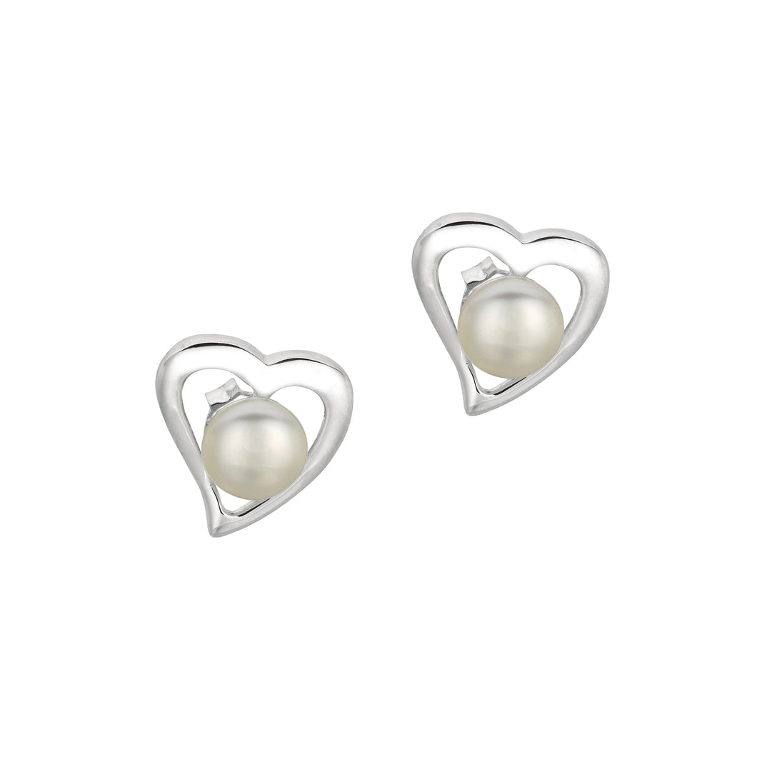 Silver Freshwater Pearl Heart Stud Earrings