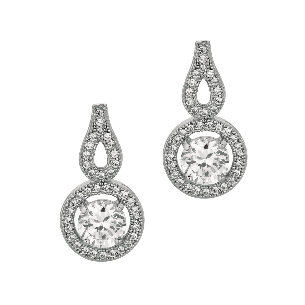 Silver Round CZ with Halo Drop Earrings