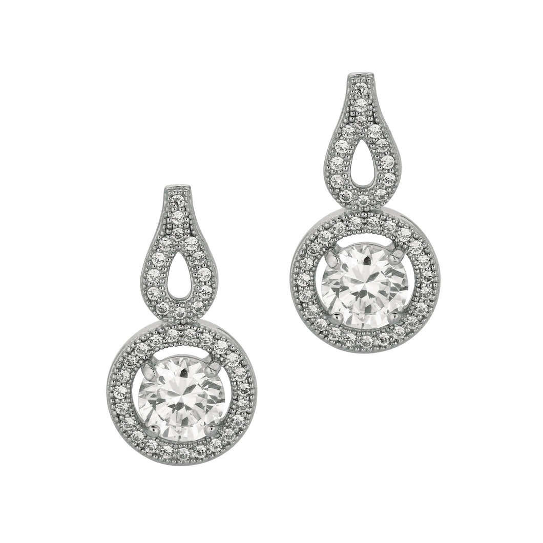 Silver Round CZ with Halo Drop Earrings