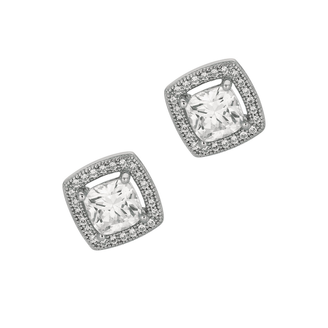 Silver Cushion CZ with Halo Stud Earrings