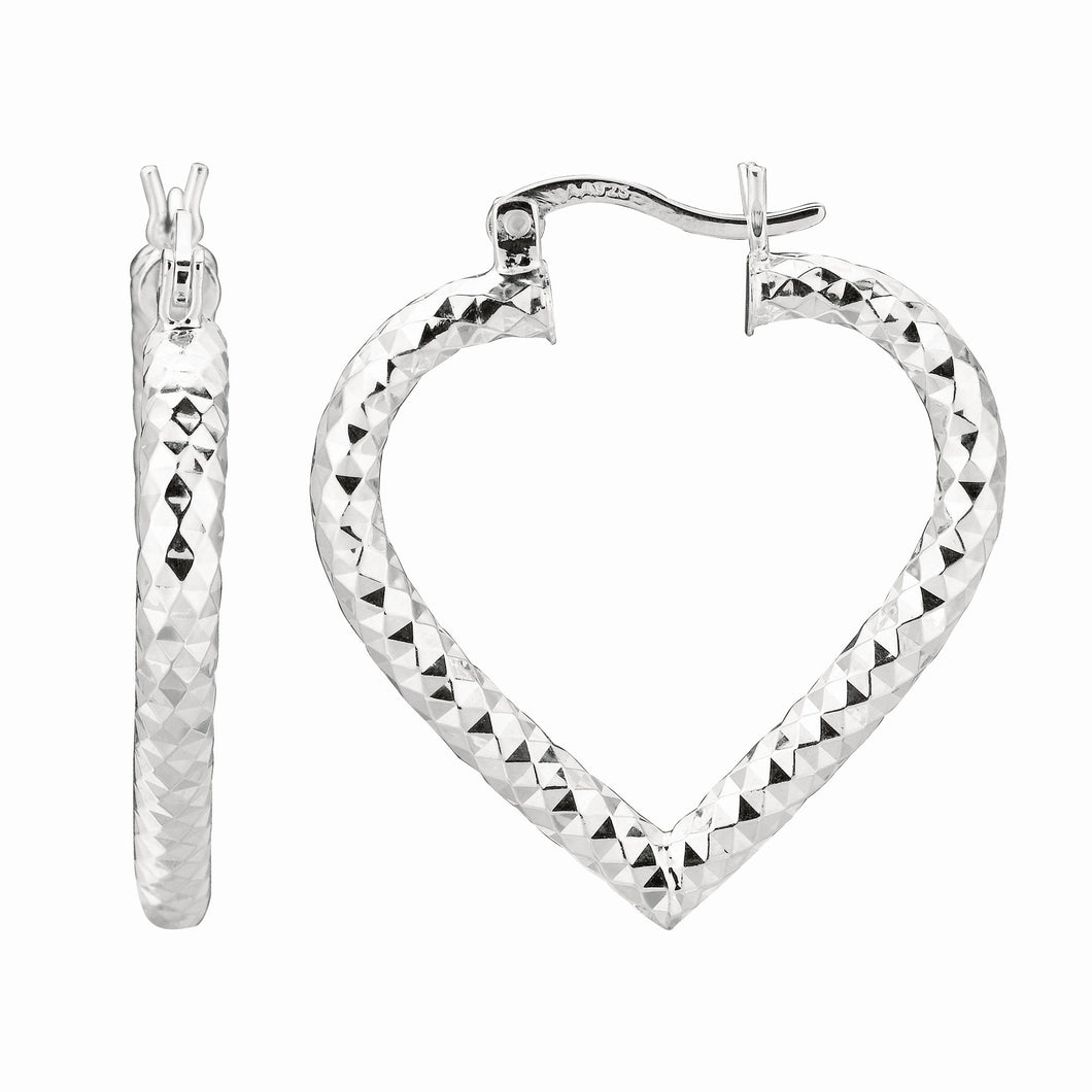 Silver Diamond Cut Heart Hoop Earring