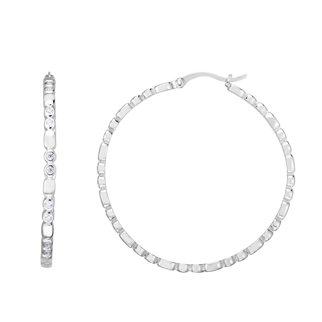 Silver 35x3mm Bezel CZ Accent Hoops