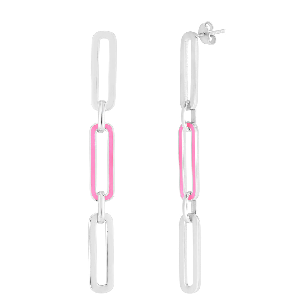 Silver Pink Enamel Paperclip Earrings