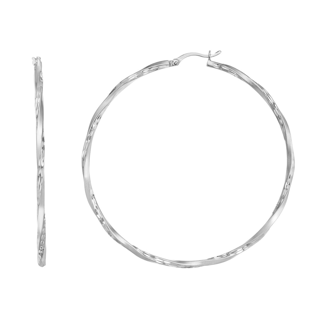 Silver 45mm Edged Diamond Cut Hoop Earring