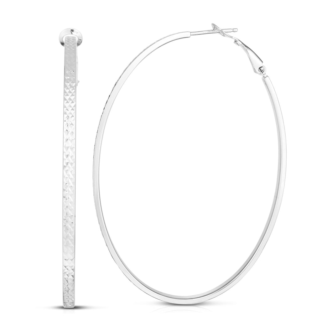 Silver Large Oval Diamond Cut Hoop Earring