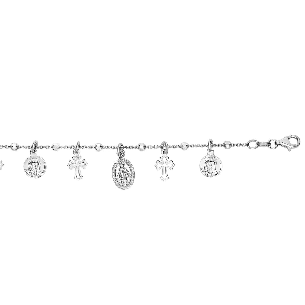 Silver 7.25 Cross Medal Dangle Charm Bracelet