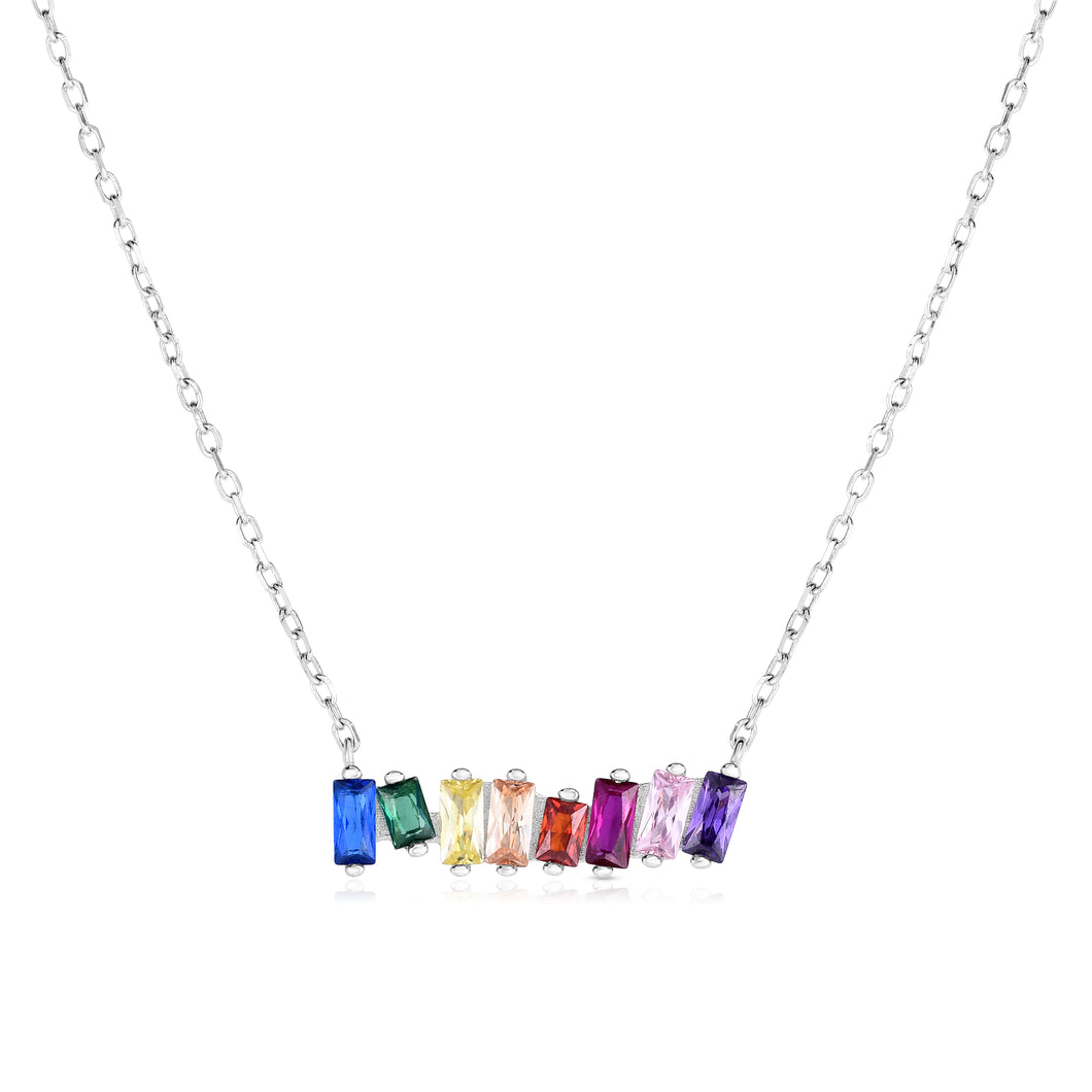 Silver Rainbow CZ Scattered Baguette Short Bar Necklace
