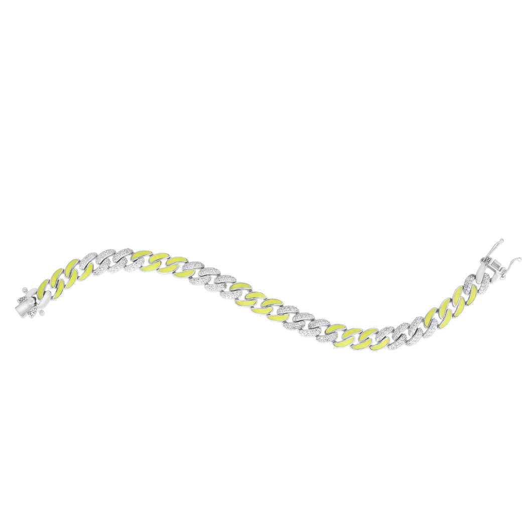 Silver Yellow Enamel CZ Miami Cuban Bracelet