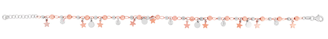 Silver Rose & White tone Dangle Stars & Disc Anklet