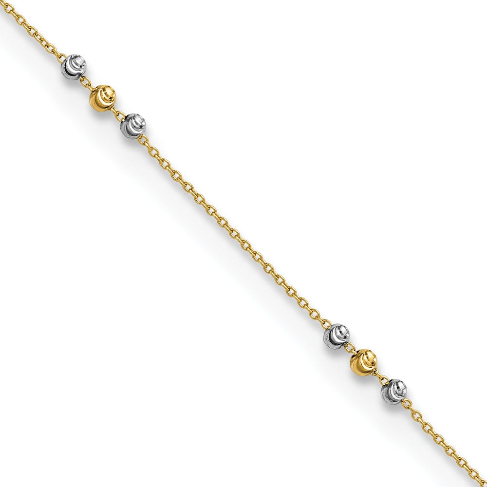 14K Two-tone Polished Diamond-cut Beaded 9in Plus 1 in ext. Anklet