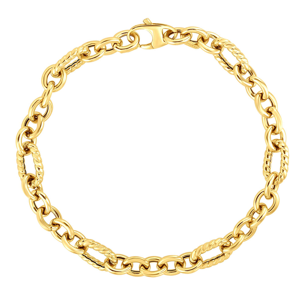 14K Gold Italian Cable Textured Oval Link Bracelet