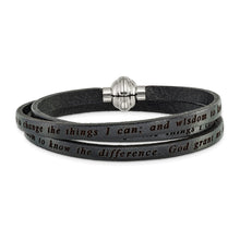 Load image into Gallery viewer, Stainless Steel Serenity Prayer Black Leather Wrap 23.5 Inch Bracelet
