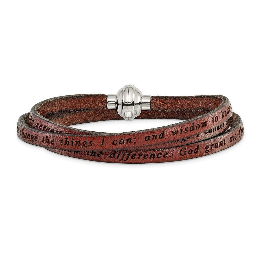 Stainless Steel Serenity Prayer Brown Leather Wrap 21 Inch Bracelet