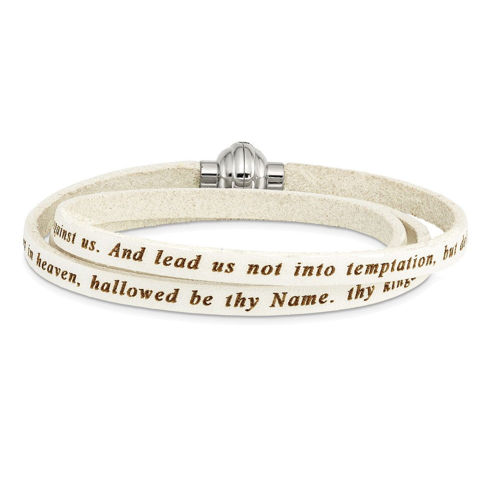 Stainless Steel Lord's Prayer White Leather Wrap 22.25 Inch Bracelet