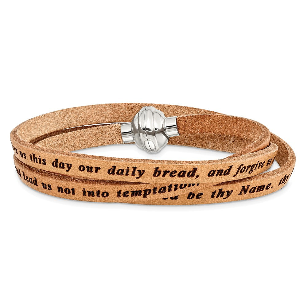 Stainless Steel Lord's Prayer Tan Leather Wrap 23.5 Inch Bracelet