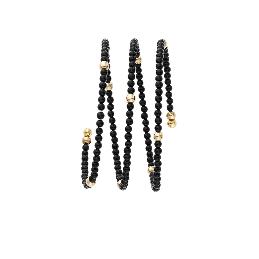 14K Gold Onyx & Polished Bead Coil Bangle