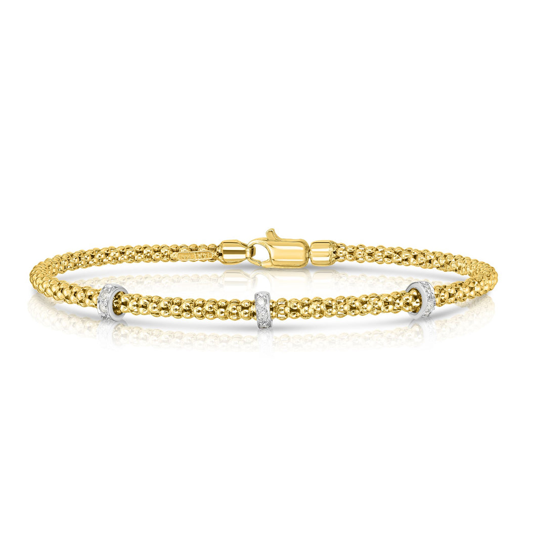 14K Gold Popcorn Bracelet With Triple Diamond Stations