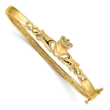 Load image into Gallery viewer, 14k 4mm Diamond-cut Claddagh Hinged Bangle Bracelet
