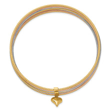 Load image into Gallery viewer, 14K Tri-color w/ Dangle Heart Oversized Set of 7 Textured Slip-on Bangles
