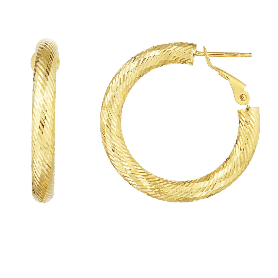 14K Gold 4x20mm Diamond Cut Omega Back Hoop Earring
