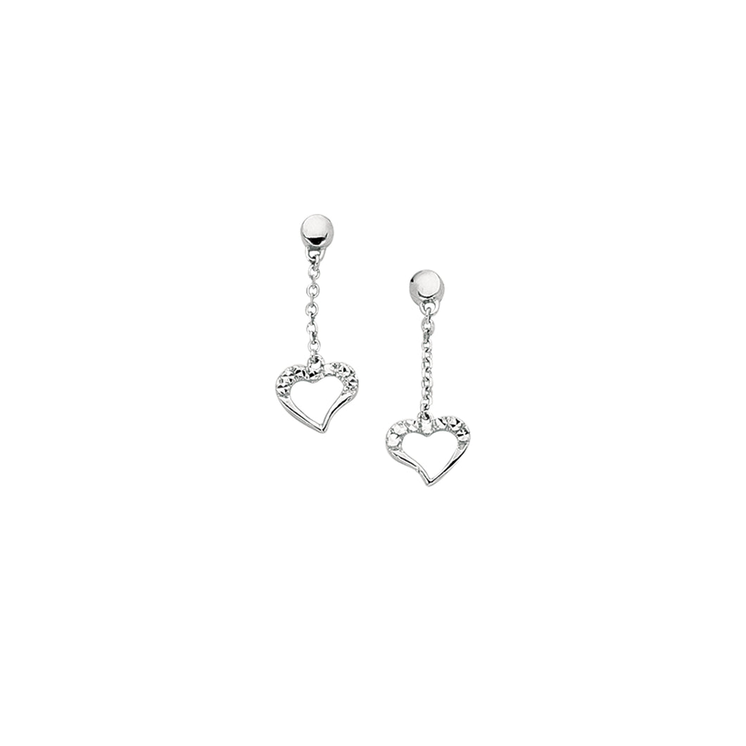 14K White Gold Diamond Cut Heart Drop Earring
