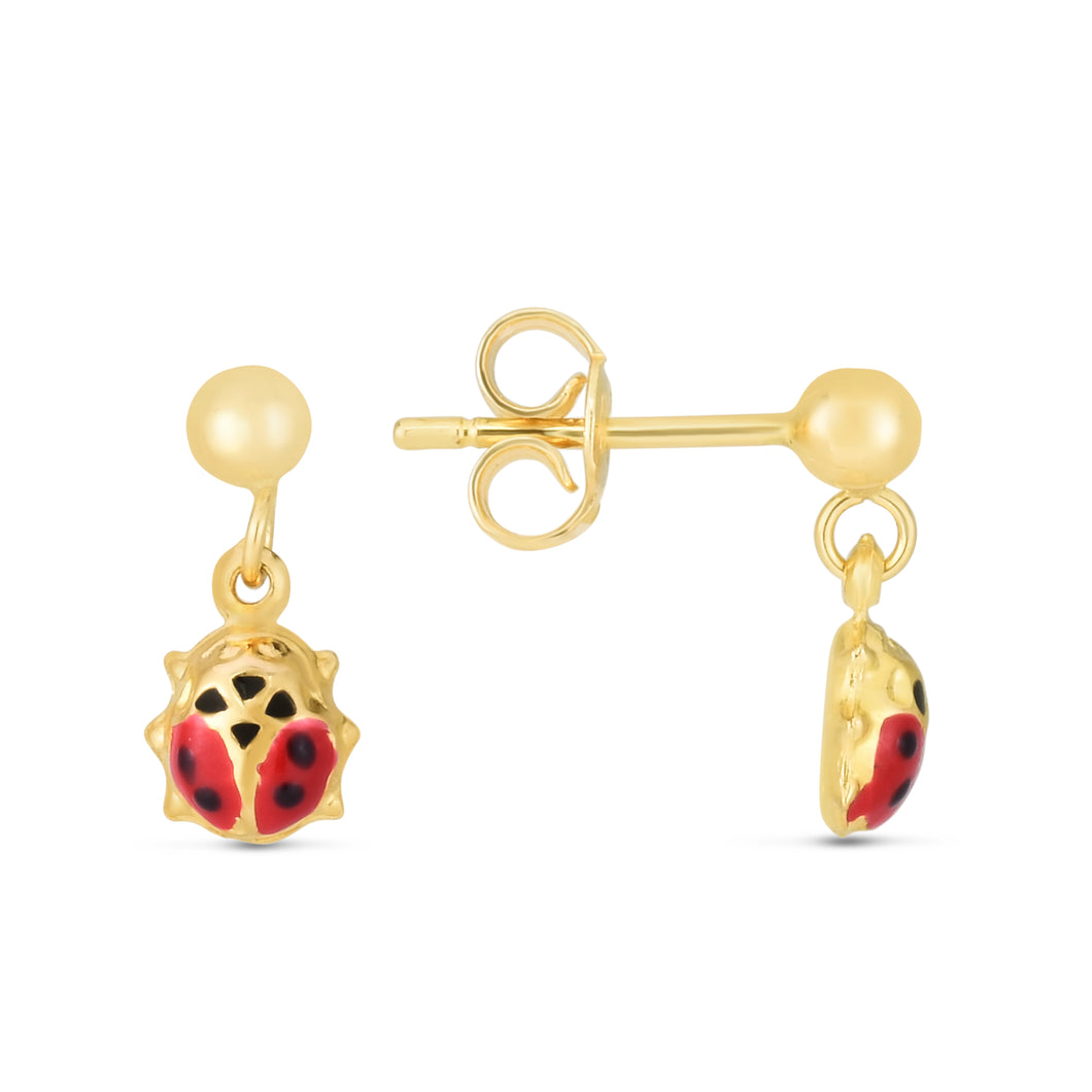 14K Gold Enamel Lady Bug Dangle Earring