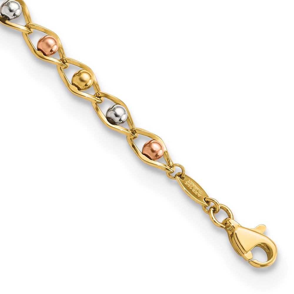 14K Tri-color Beads Fancy Link 7.5in Bracelet