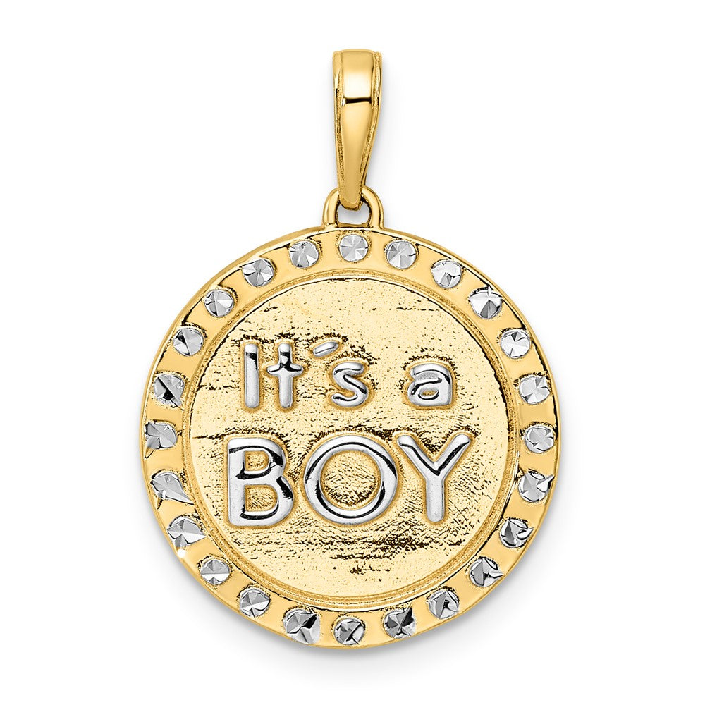14k w/ White Rhodium Diamond-cut IT'S A BOY Round Disc Pendant