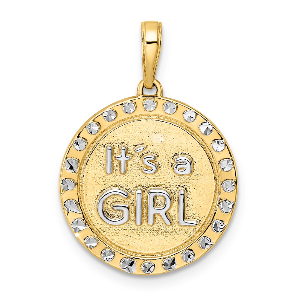 14k w/ White Rhodium Diamond-cut IT'S A GIRL Round Disc Pendant