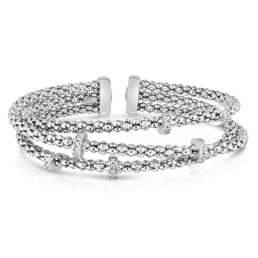 Sterling Silver Triple Row Crossover Diamond Popcorn Cuff