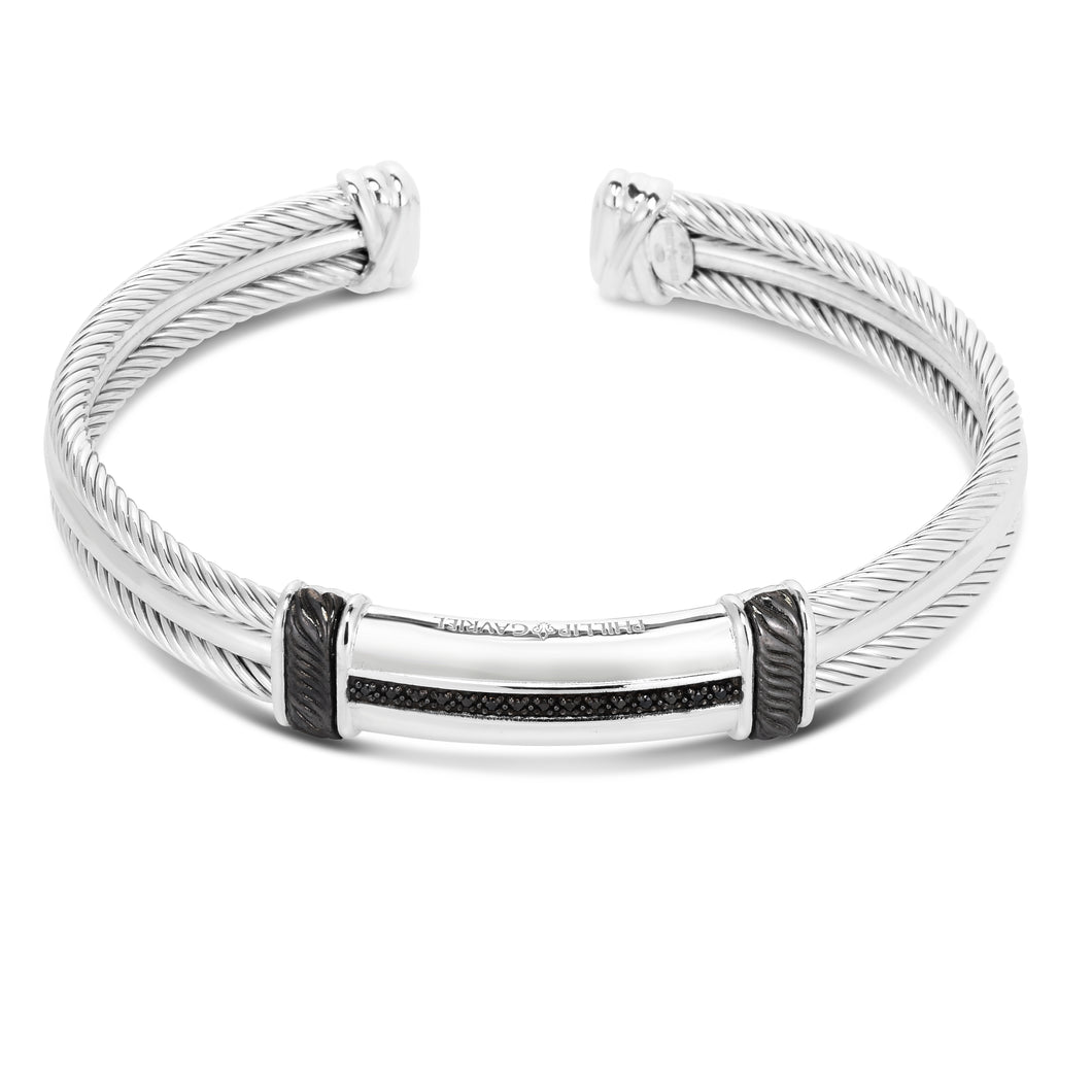 Sterling Silver Triple Strand Cable Black Diamond Bar Men's Cuff