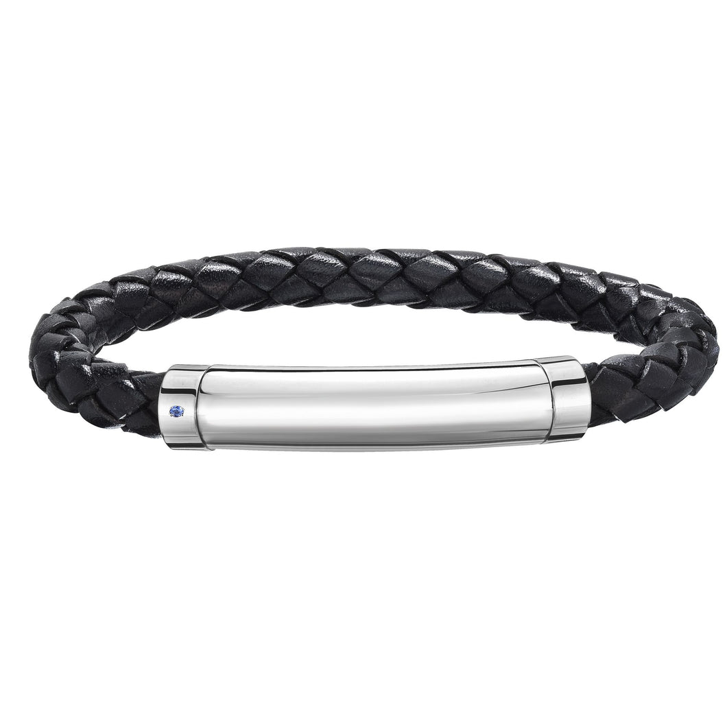 Sterling Silver Men's Leather Bar Bracelet With Blue Saphire