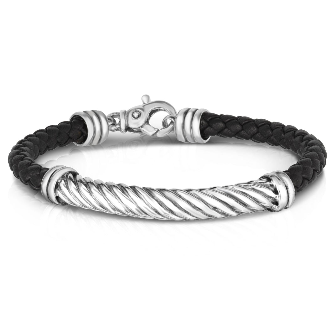 Sterling Silver Men's Twisted Cable Leather Bracelet