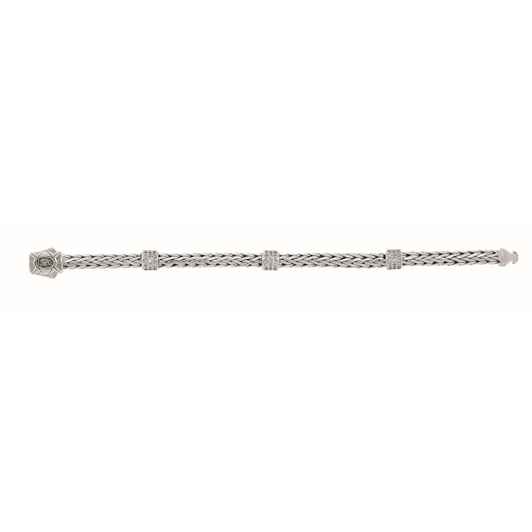 Sterling Silver Woven White Sapphire Three Station Bracelet