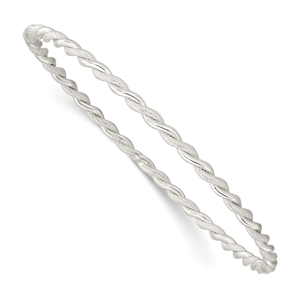 Sterling Silver Polished and Textured Twisted 3mm Slip-on Bangle