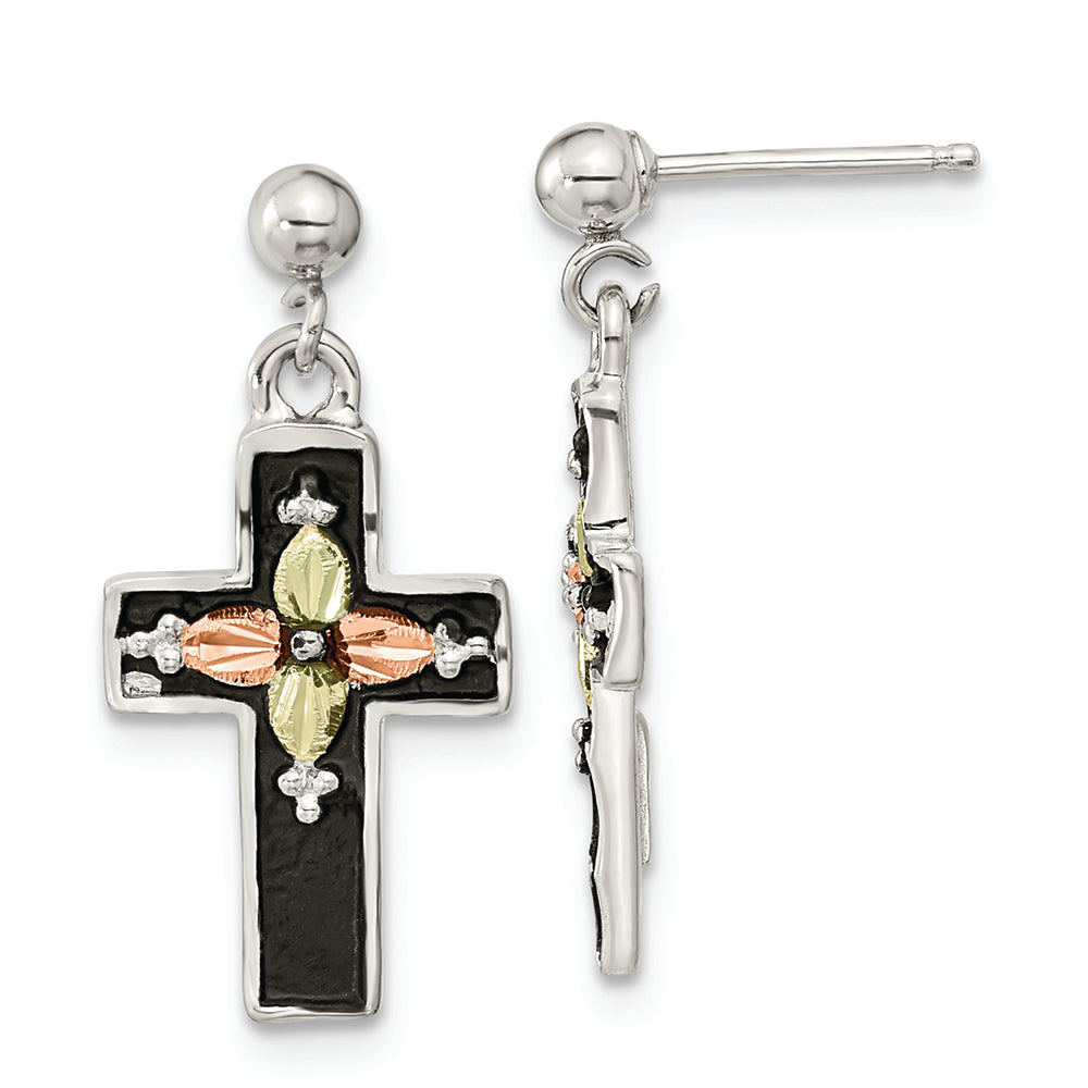 Sterling Silver w/12K Accents Antiqued Cross Black Hills Gold Post Earrings