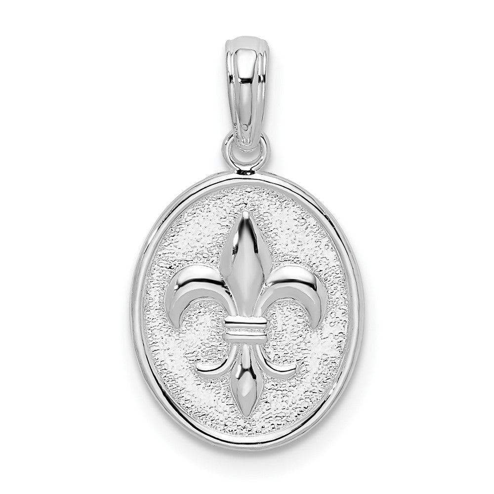 Sterling Silver Polished/Textured Fleur de Lis Med Oval Pendant