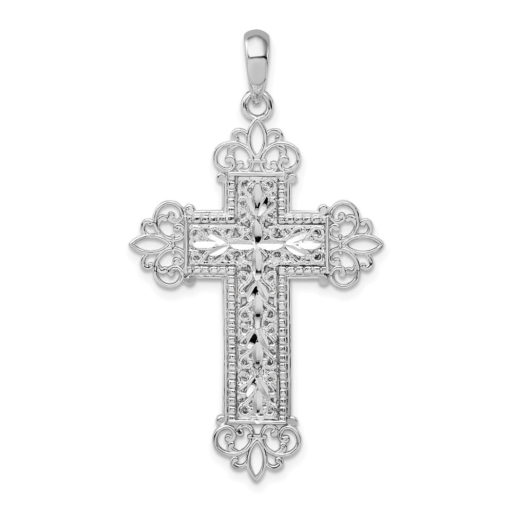 Sterling Silver Diamond-cut Filigree Fleur de Lis Cross Pendant
