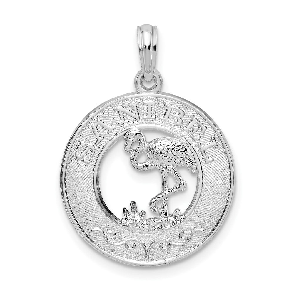 Sterling Silver Polished Sanibel Circle w/Flamingo Pendant