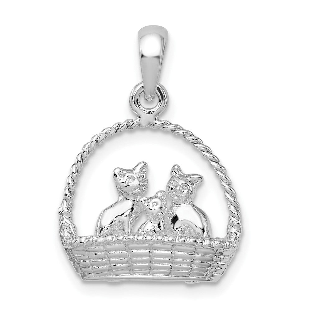 Sterling Silver Polished 3D Kittens in Basket Pendant