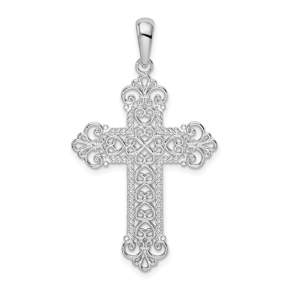 Sterling Silver Polish Filigree Rope Edge Fleur de Lis Cross Pendant