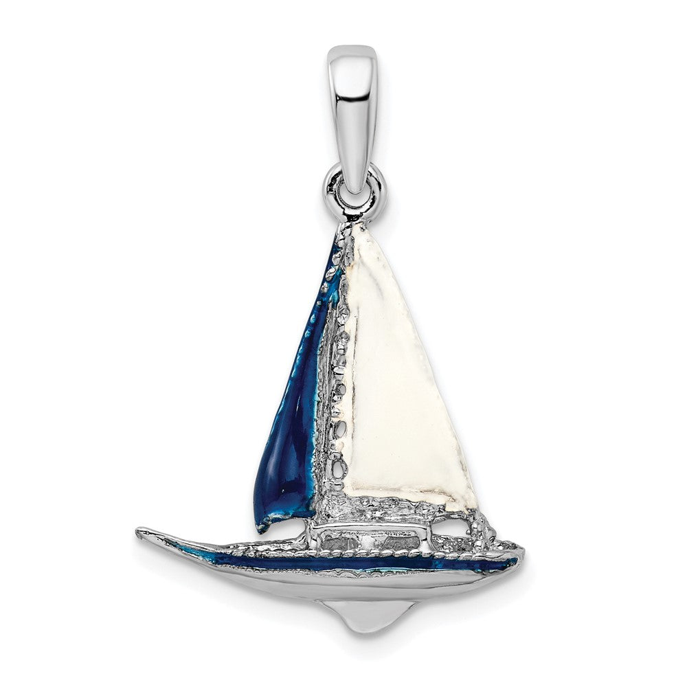 Sterling Silver Polished 3D Enameled Sailboat Pendant