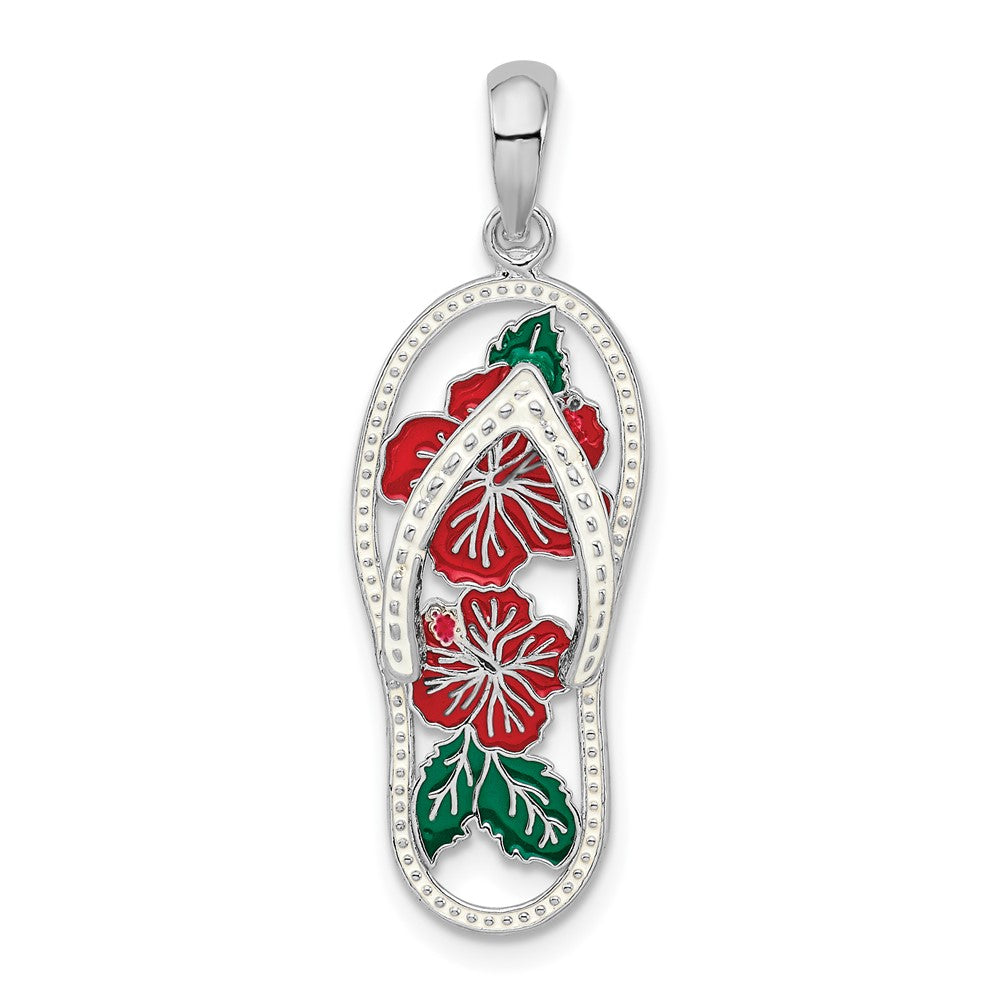 Sterling Silver Polished Enameled Hibiscus Flower Flip-flop Pendant